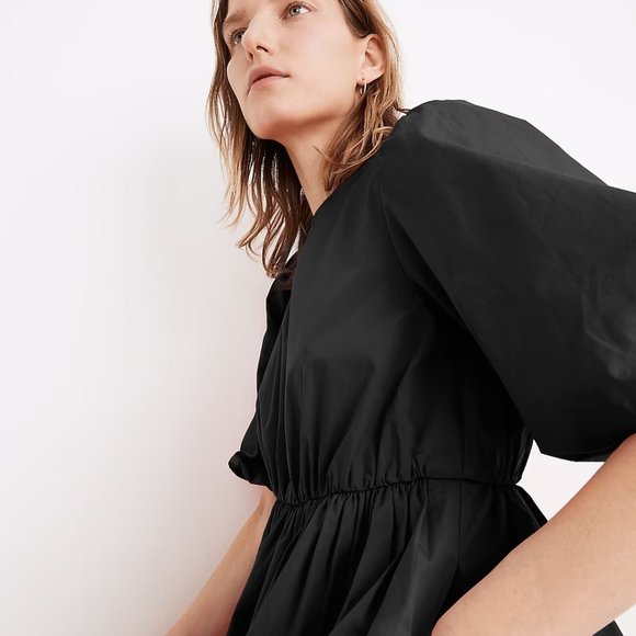 Madewell Poplin Crewneck Bubble-Sleeve Mini Dress w/ POCKETS - Black Size 2 - Picture 2 of 8